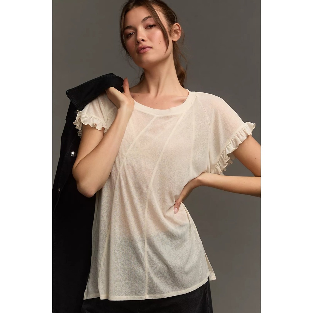 Anthropologie short-sleeve spliced ruffled tee Sheer Ivory Tunic Minimalist‎ Med